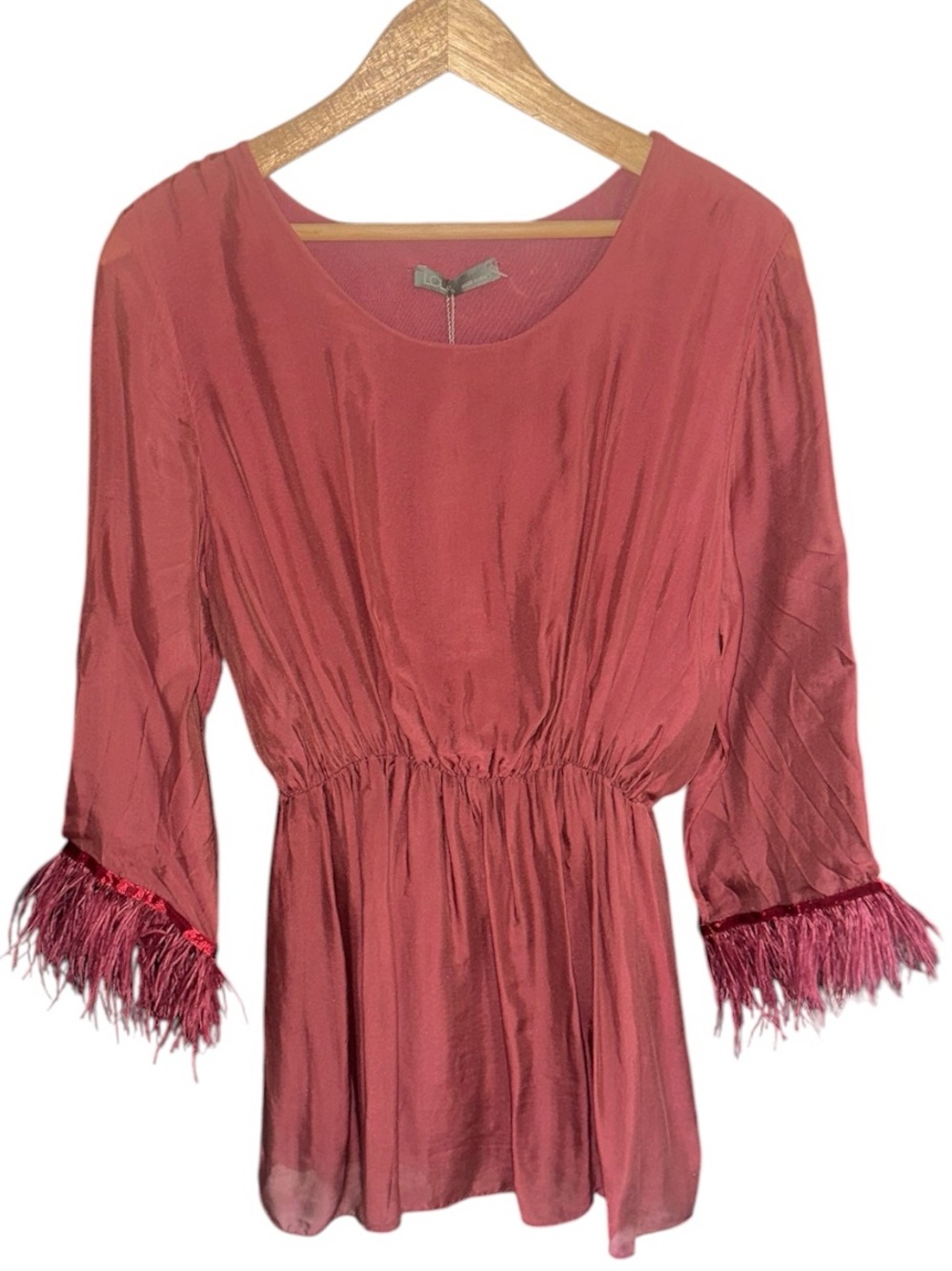 Lola Silk Viscose Feathered Cuff Hem Mini Dress Terracotta Size Large   NWT